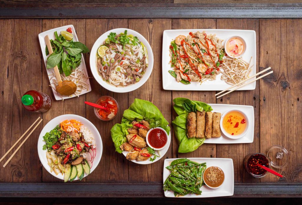 meals with sauces at pho restaurant in Bournemouth